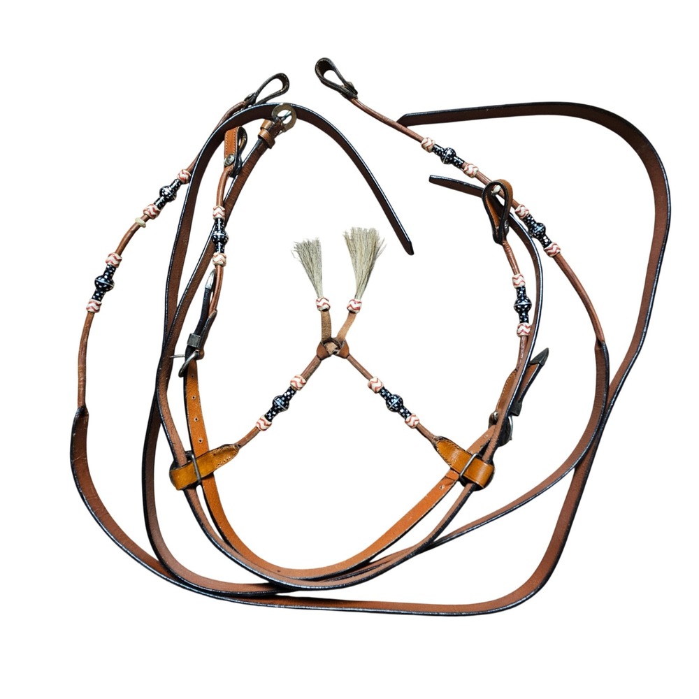 VTG Silver Western Leather Headstall and Breast Collar Horsehair Tassels Beads